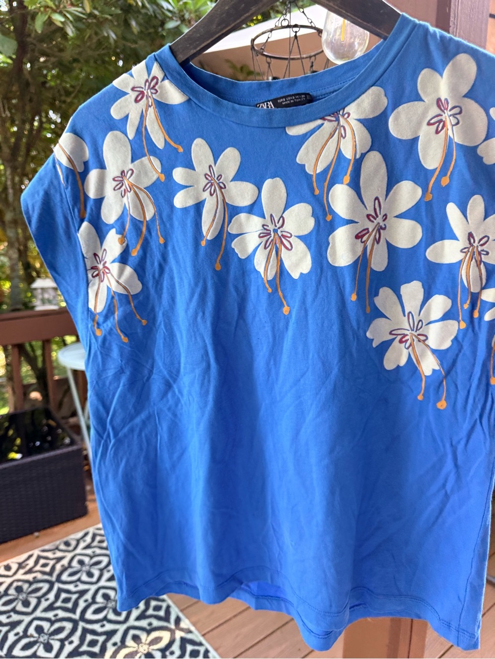 Zara Blue Tee with White Floral Yoke